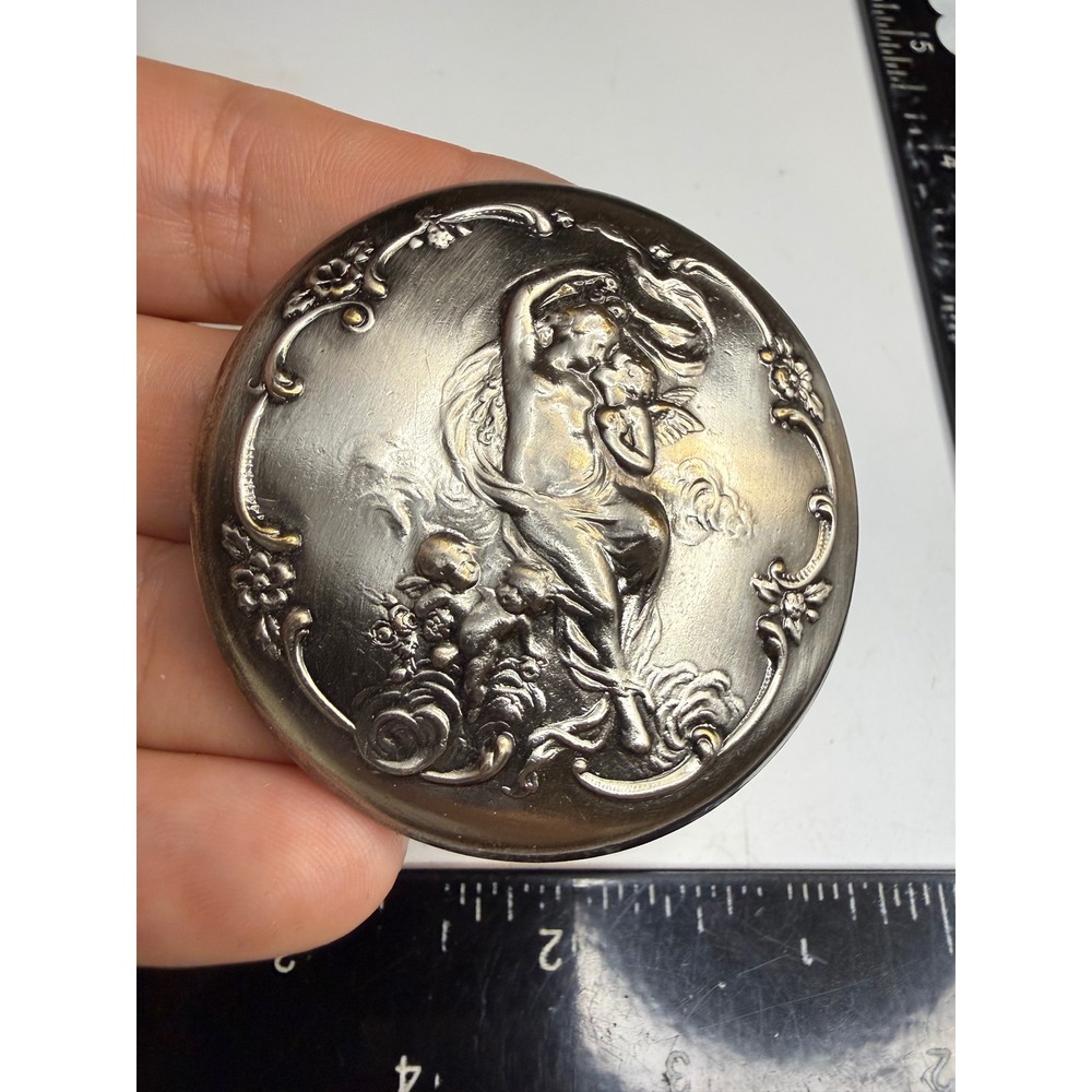Antique Style Silver Tone Repousse Round Brooch Cherub Celestial Woman 2 Inch